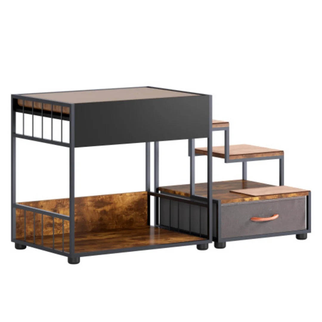 Multi-Level Dog Bunk Bed with Steps & Storage Drawer, Elevated Pet Window Perch & Lounge, Vintage Wood Grain Pet Stairs for Small Medium Dogs Cats, Anti-Slip Ramp