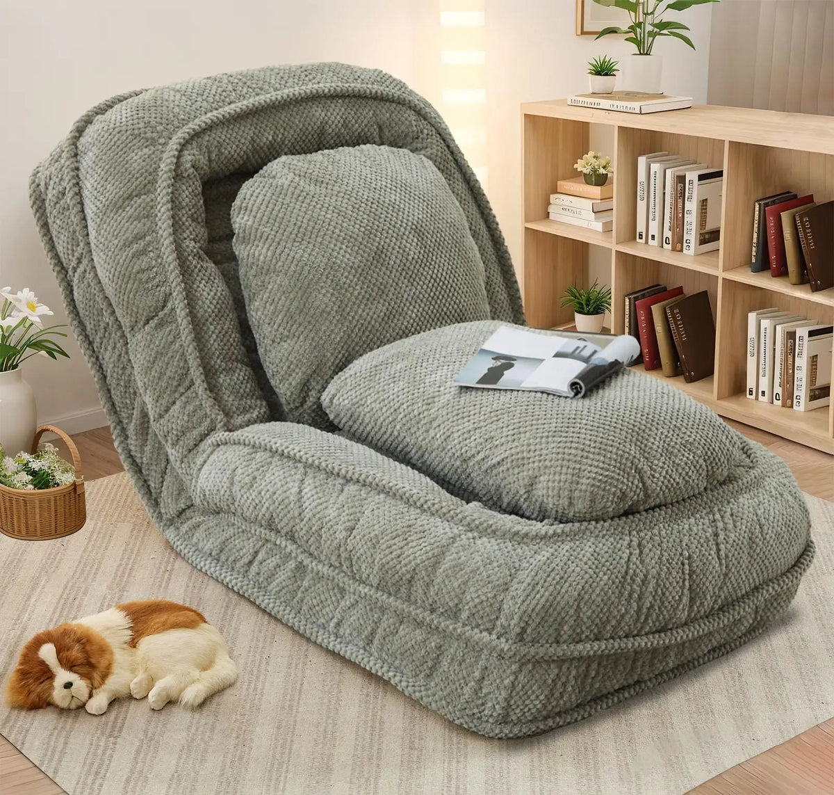 Upholstered Human Dog Bed, Convertible Lazy Sofa with 5-Position Adjustable Backrest, Tatami Bean Bag Lounge Chair & 2 Pillows for Bedroom Living Room Office