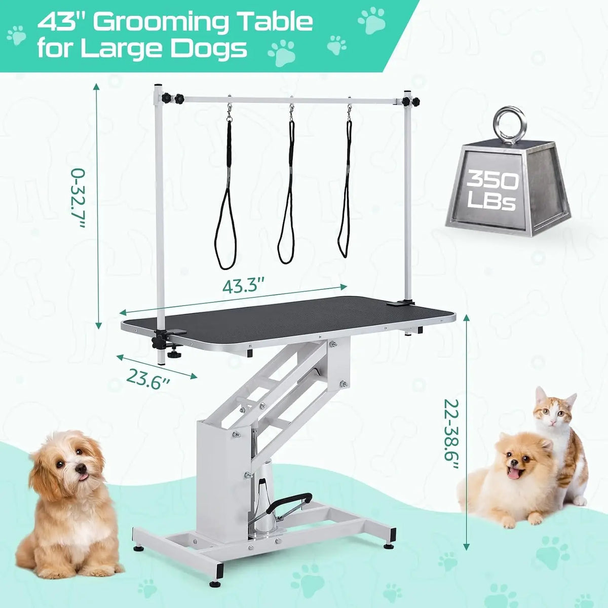 Garvee 43.3" Electric Pet Grooming Table 350 LBS Heavy Duty Dog Grooming Arm for Large Dog Salon-Grade Pet Height Adjustable Grooming Station Slip Tabletop