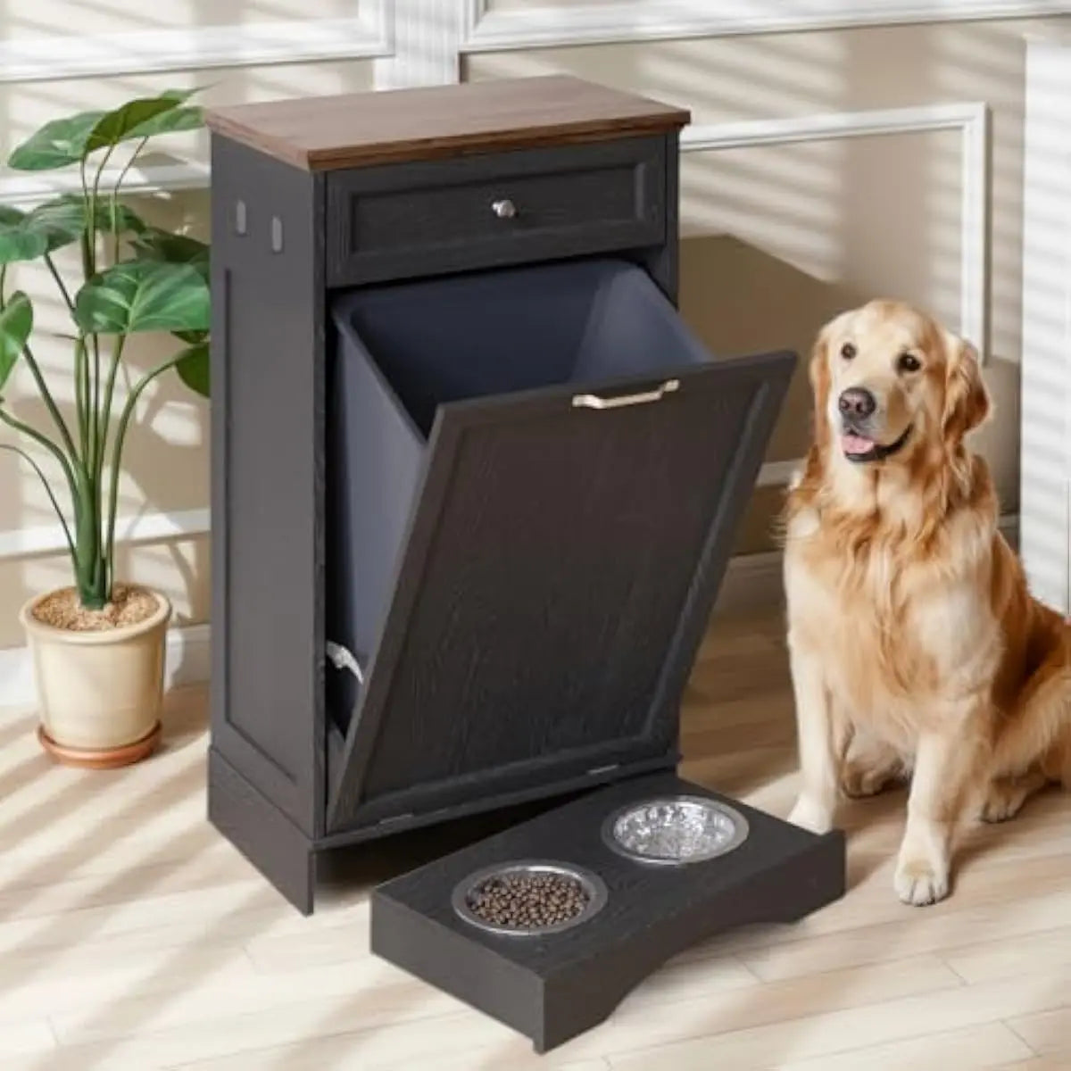 Pet Feeding Station with Tilt-Out 10 Gallon Waste Bin and Storage Drawer, Space Saving Dog Food Cabinet with Adjustable Shelves and Integrated Feeding Area for Cats Dogs