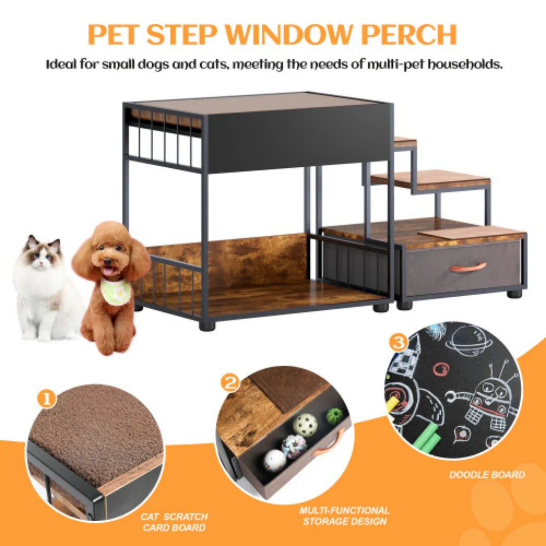 Multi-Level Dog Bunk Bed with Steps & Storage Drawer, Elevated Pet Window Perch & Lounge, Vintage Wood Grain Pet Stairs for Small Medium Dogs Cats, Anti-Slip Ramp