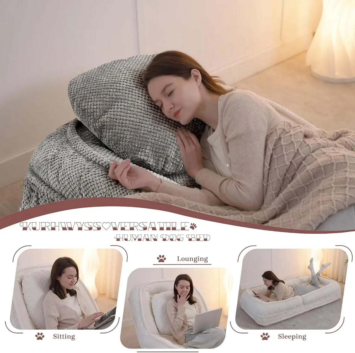 Upholstered Human Dog Bed, Convertible Lazy Sofa with 5-Position Adjustable Backrest, Tatami Bean Bag Lounge Chair & 2 Pillows for Bedroom Living Room Office