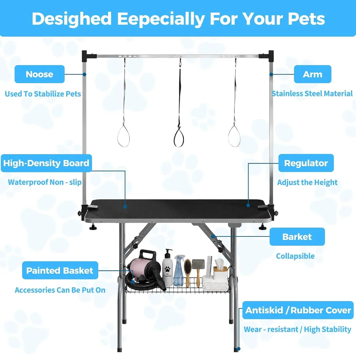 Garvee 42Inch Foldable Dog Grooming Table Professional Pet Grooming Station 350lbs Stainless Steel Table Adjustable H Arm Mesh Storage Basket Waterproof Anti-Slip Top, 3 Safety Nooses for All Dogs