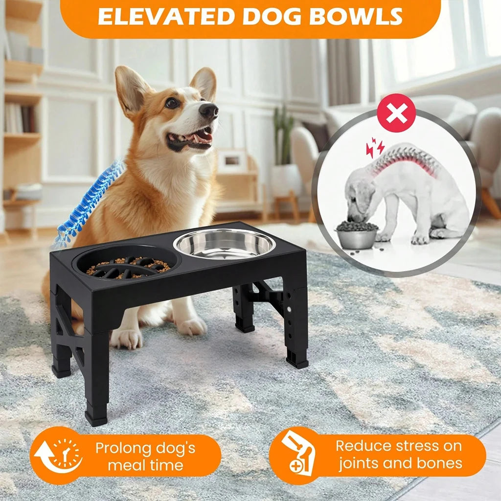Adjustable Elevated Dog Feeder, 4‑Height Raised Dog Bowl Stand with Slow Feeder & Double Stainless Steel Food Water Bowls, Neck Joint Protection Ergonomic Pet Feeding Station for Small Medium Large Dogs