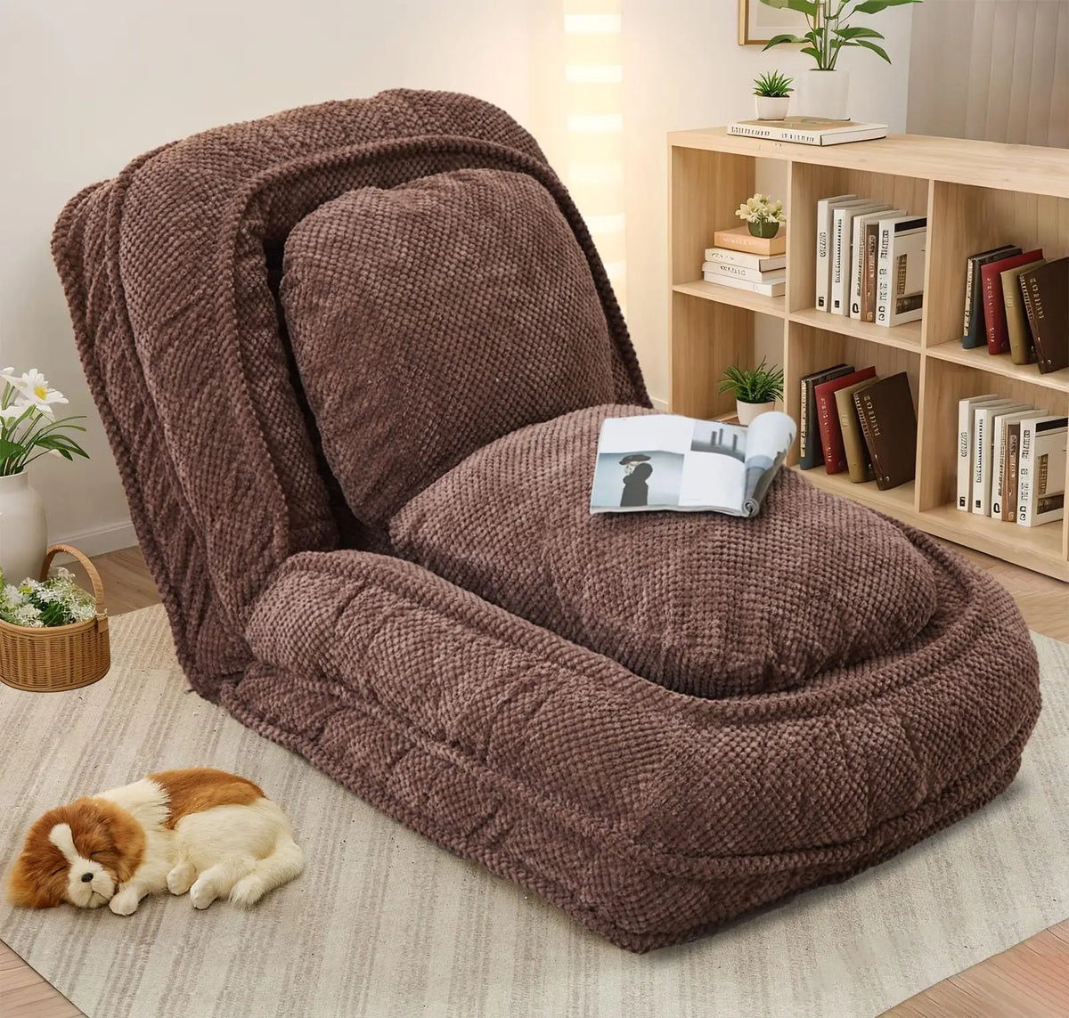 Upholstered Human Dog Bed, Convertible Lazy Sofa with 5-Position Adjustable Backrest, Tatami Bean Bag Lounge Chair & 2 Pillows for Bedroom Living Room Office