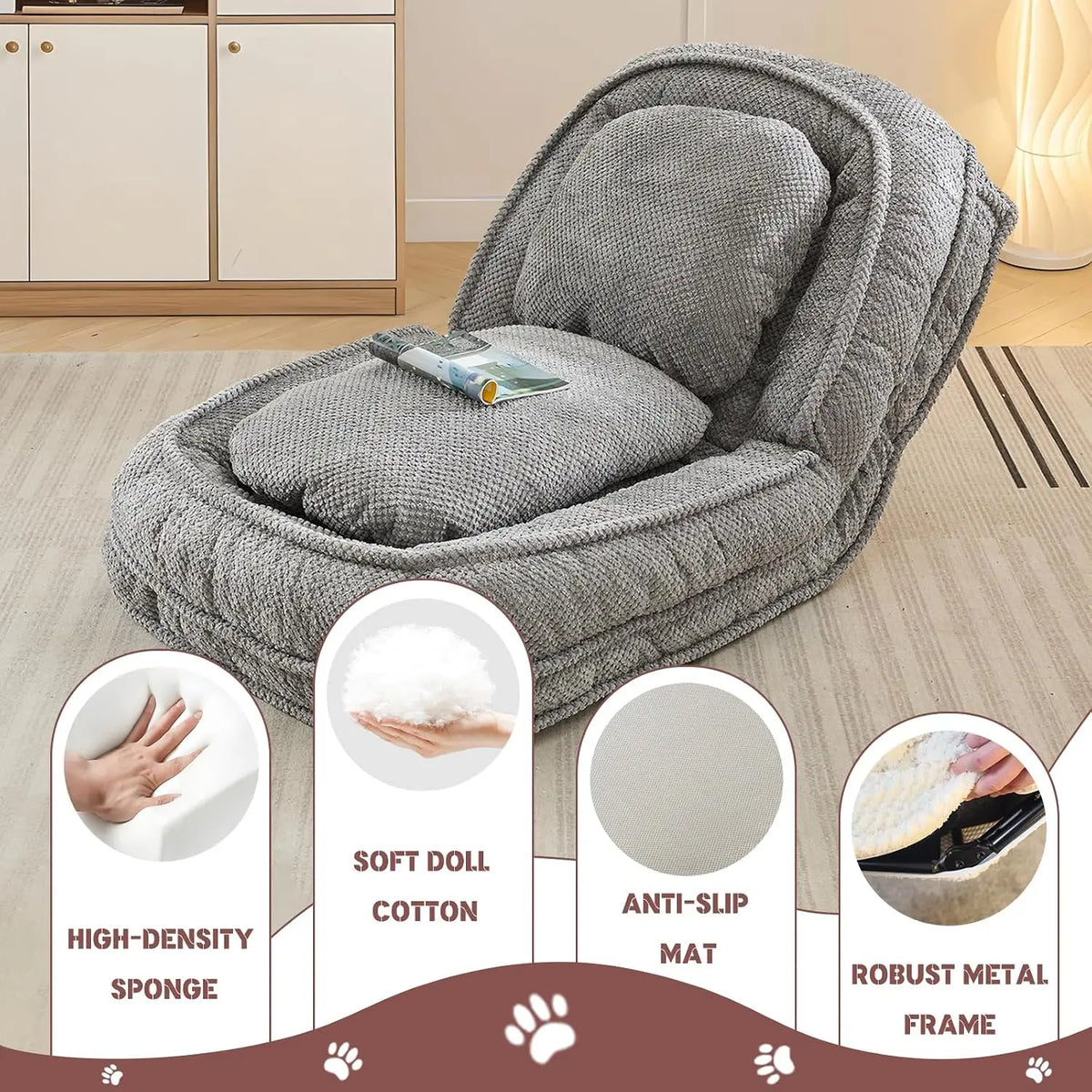Upholstered Human Dog Bed, Convertible Lazy Sofa with 5-Position Adjustable Backrest, Tatami Bean Bag Lounge Chair & 2 Pillows for Bedroom Living Room Office