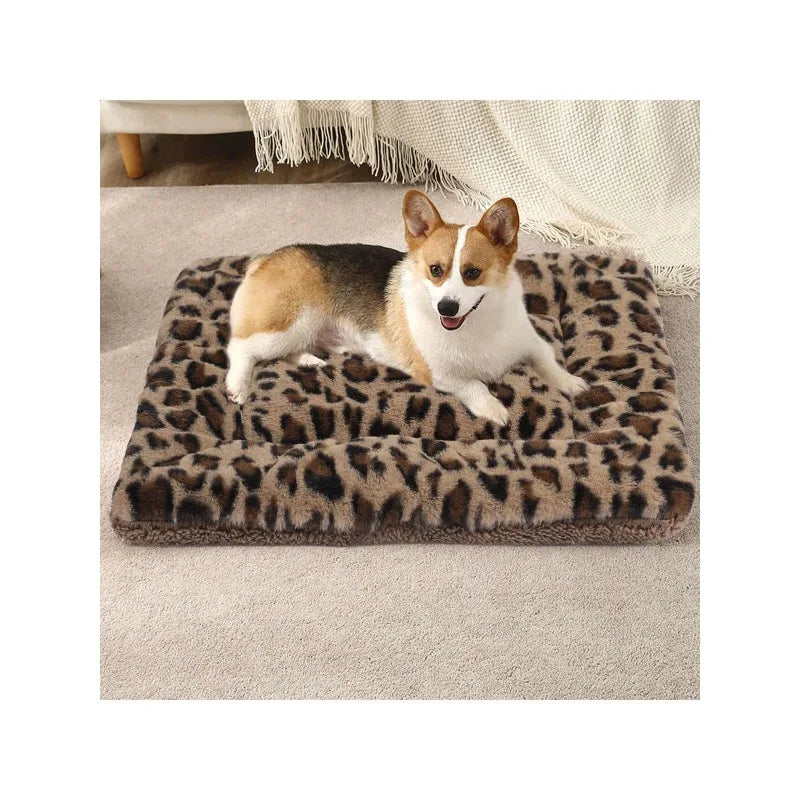 1pc Leopard Print Plush Pet Mat, Reversible Plush Pet Mat Ultra Soft Dog Cat Crate Mat Sleeping Cushion Pad Machine Washable