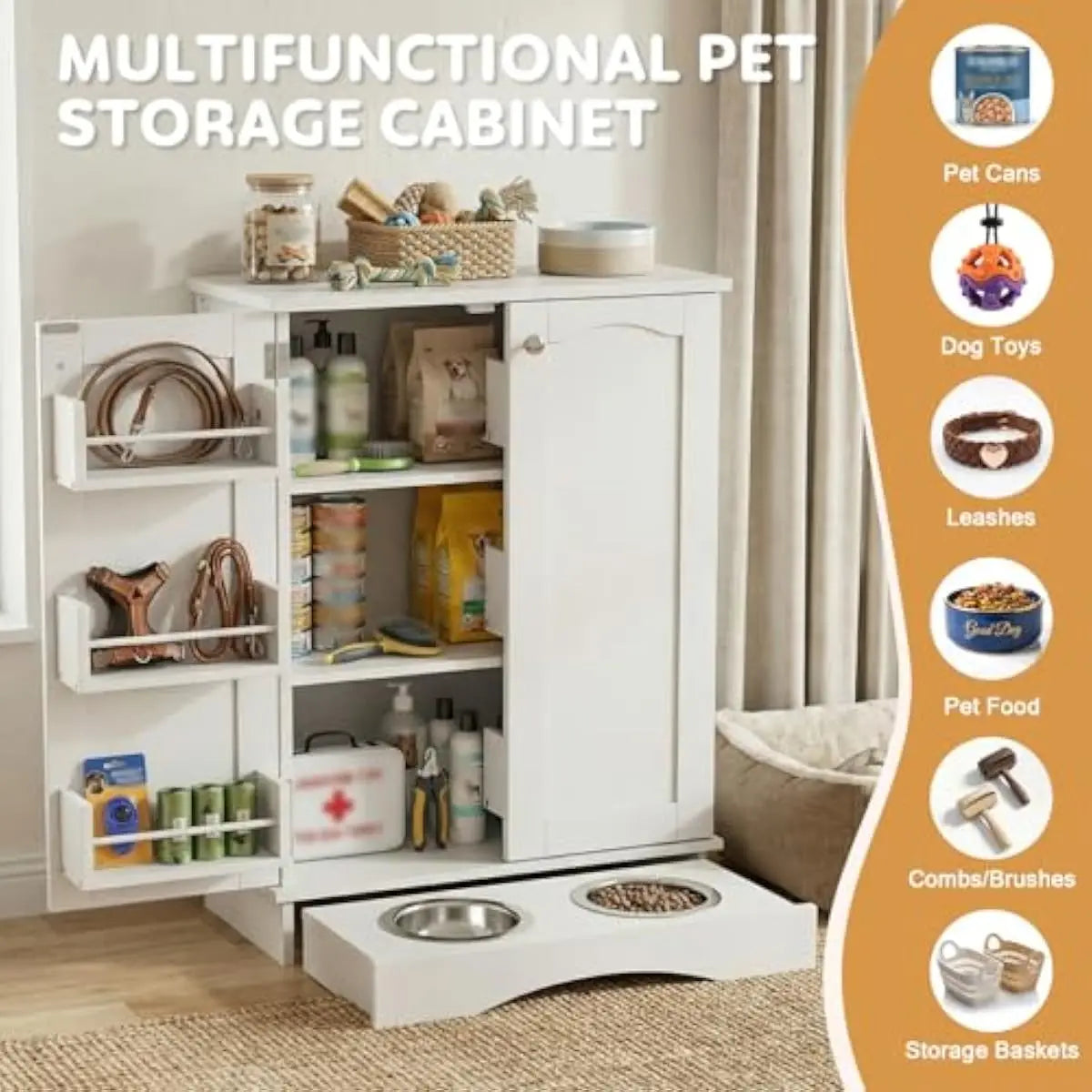 Pet Feeding Station with Pull-Out Tray and Adjustable Shelves, Dog Food Storage Cabinet with Wall-Mountable Hooks and Customizable Letter Decor for Cats Dogs