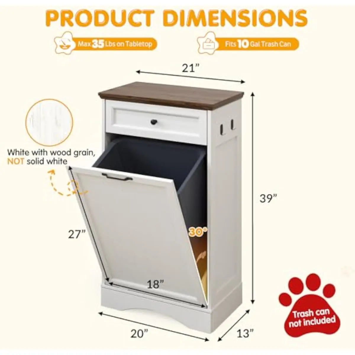 Pet Feeding Station with Tilt-Out 10 Gallon Waste Bin and Storage Drawer, Space Saving Dog Food Cabinet with Adjustable Shelves and Integrated Feeding Area for Cats Dogs