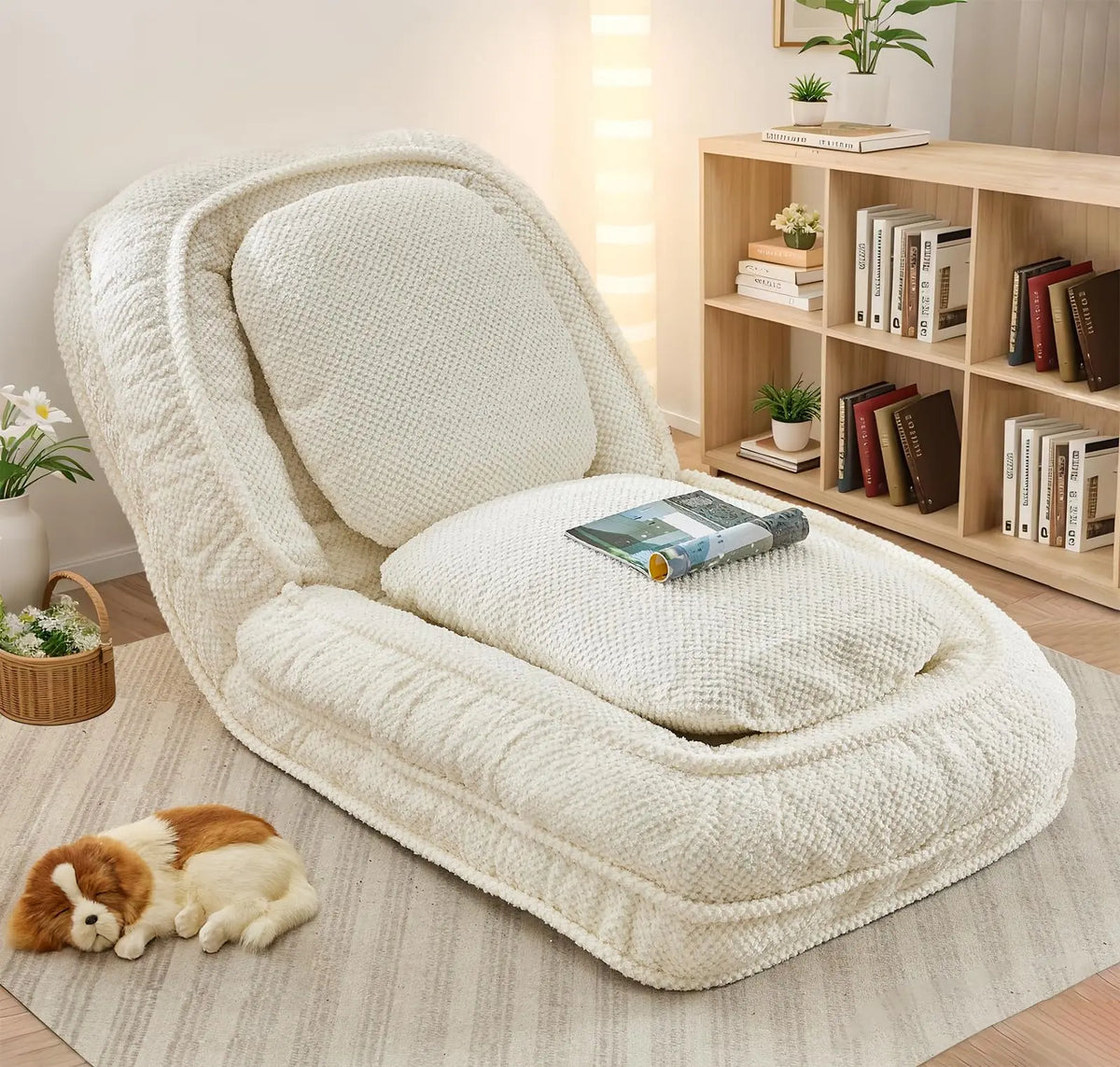 Upholstered Human Dog Bed, Convertible Lazy Sofa with 5-Position Adjustable Backrest, Tatami Bean Bag Lounge Chair & 2 Pillows for Bedroom Living Room Office