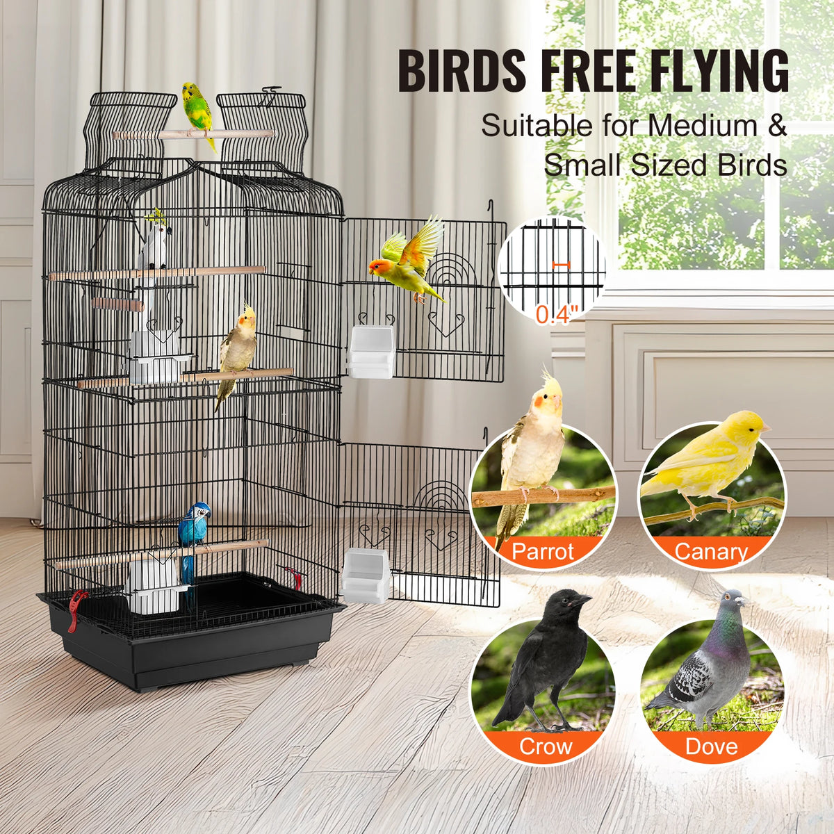SucceBuy Open Top Large Parrot Bird Cage Hanging Bird Cage for Kinds of Birds Travel Pet Flight Birdcage with Swing and Perch