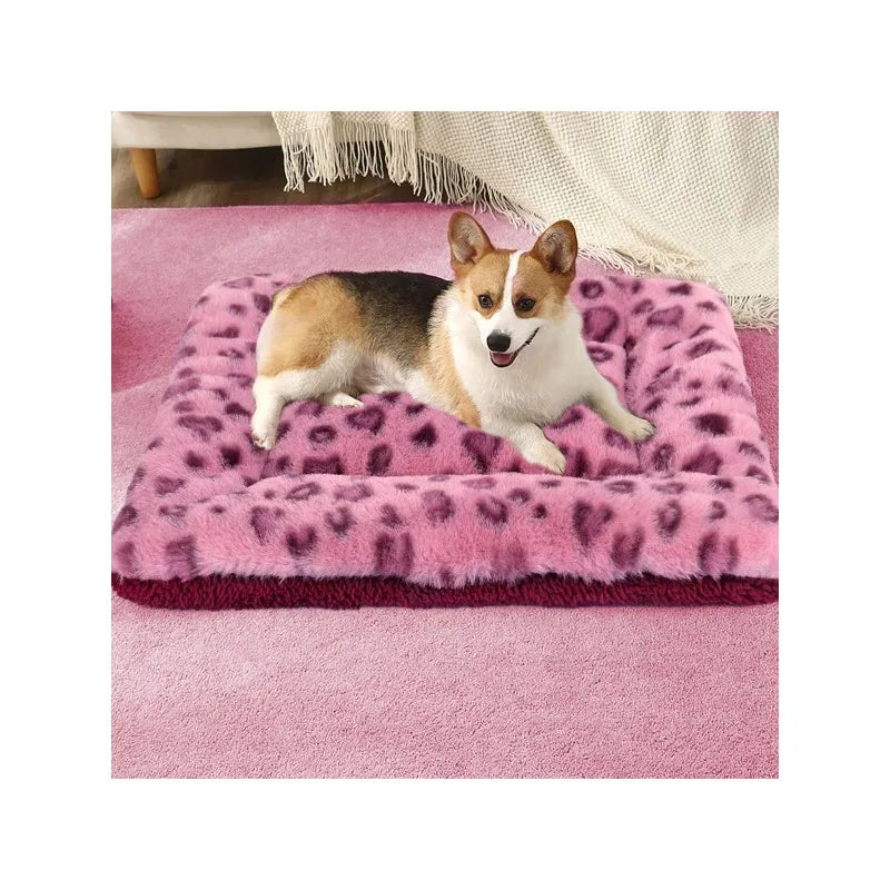 1pc Leopard Print Plush Pet Mat, Reversible Plush Pet Mat Ultra Soft Dog Cat Crate Mat Sleeping Cushion Pad Machine Washable