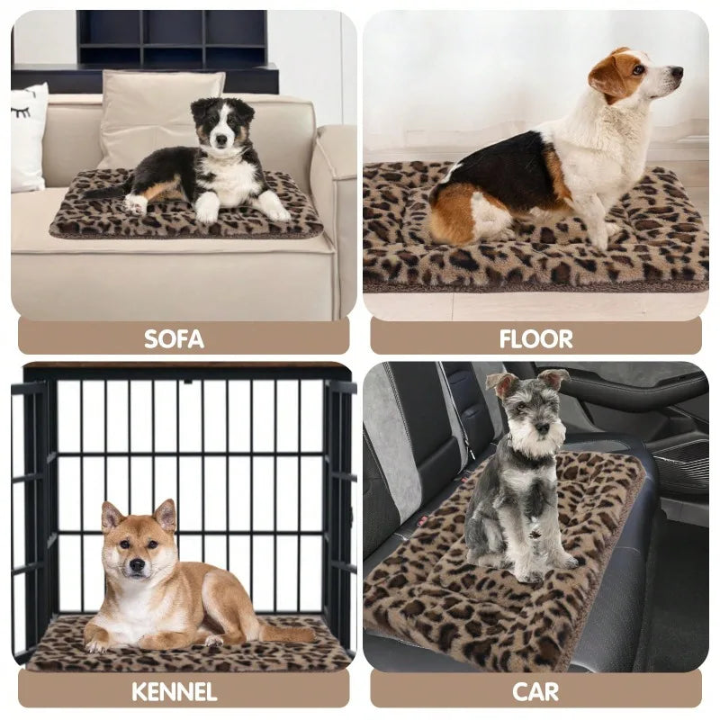 1pc Leopard Print Plush Pet Mat, Reversible Plush Pet Mat Ultra Soft Dog Cat Crate Mat Sleeping Cushion Pad Machine Washable