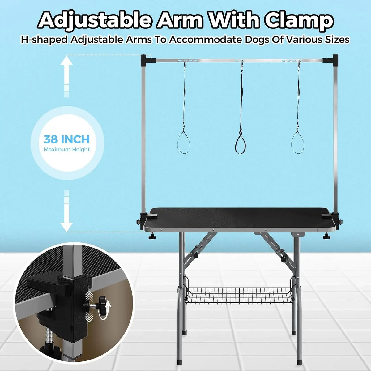 Garvee 42Inch Foldable Dog Grooming Table Professional Pet Grooming Station 350lbs Stainless Steel Table Adjustable H Arm Mesh Storage Basket Waterproof Anti-Slip Top, 3 Safety Nooses for All Dogs