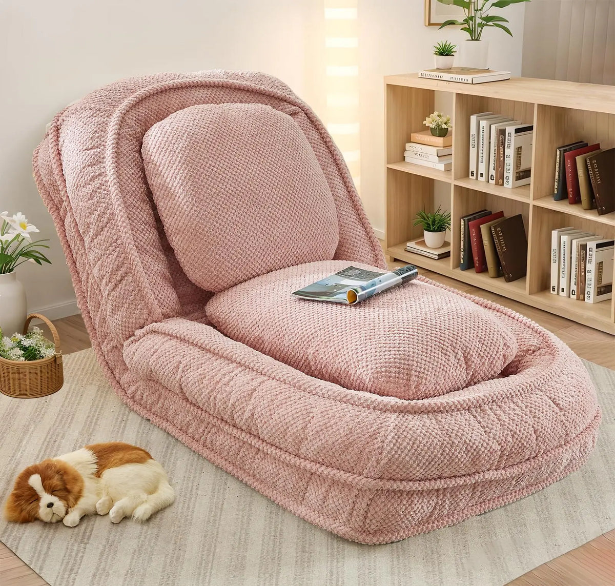 Upholstered Human Dog Bed, Convertible Lazy Sofa with 5-Position Adjustable Backrest, Tatami Bean Bag Lounge Chair & 2 Pillows for Bedroom Living Room Office