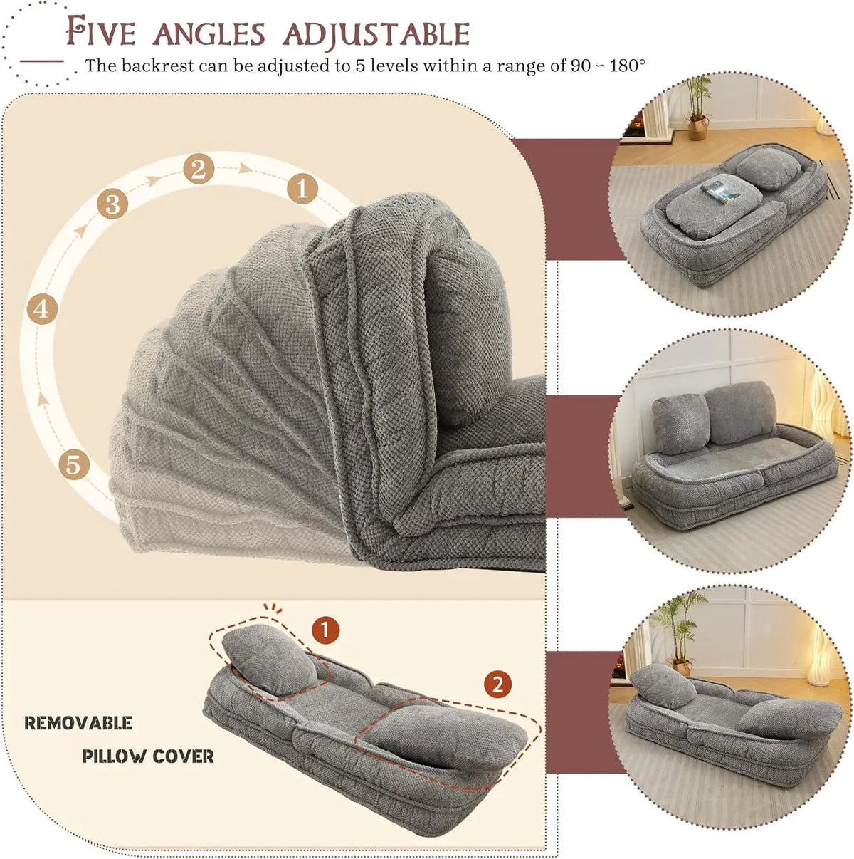 Upholstered Human Dog Bed, Convertible Lazy Sofa with 5-Position Adjustable Backrest, Tatami Bean Bag Lounge Chair & 2 Pillows for Bedroom Living Room Office