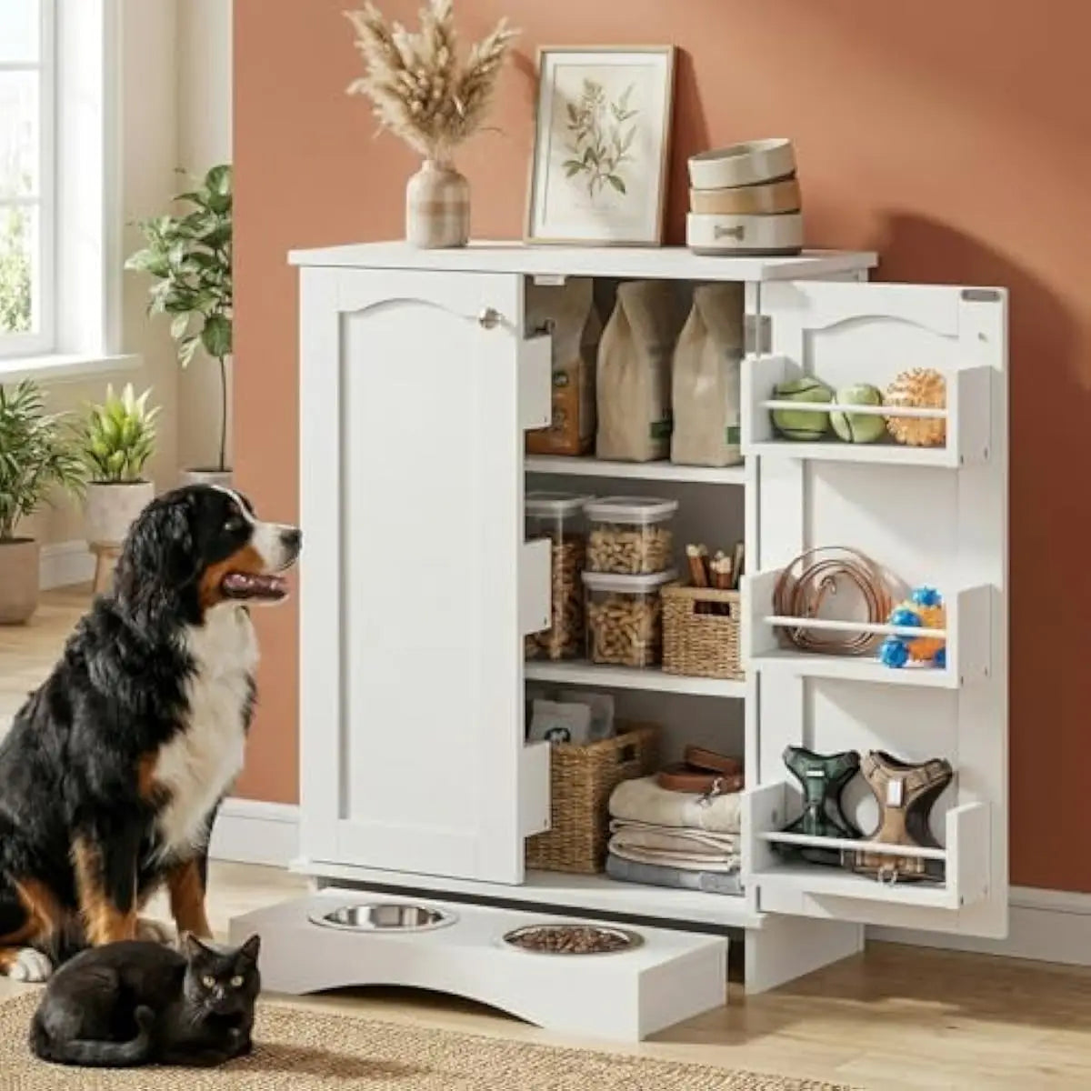 Pet Feeding Station with Pull-Out Tray and Adjustable Shelves, Dog Food Storage Cabinet with Wall-Mountable Hooks and Customizable Letter Decor for Cats Dogs