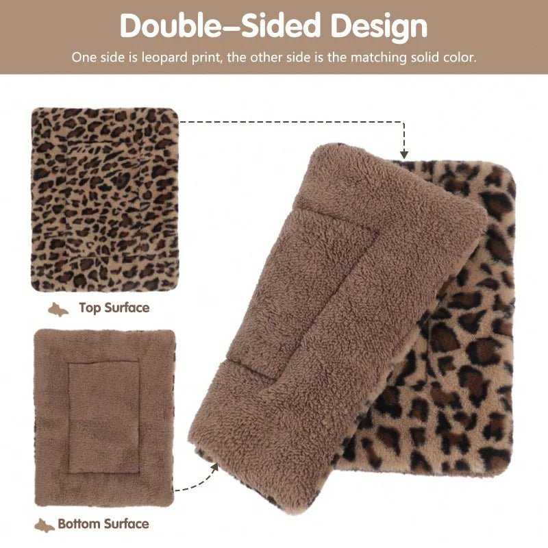 1pc Leopard Print Plush Pet Mat, Reversible Plush Pet Mat Ultra Soft Dog Cat Crate Mat Sleeping Cushion Pad Machine Washable
