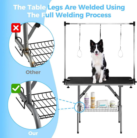 Garvee 42Inch Foldable Dog Grooming Table Professional Pet Grooming Station 350lbs Stainless Steel Table Adjustable H Arm Mesh Storage Basket Waterproof Anti-Slip Top, 3 Safety Nooses for All Dogs
