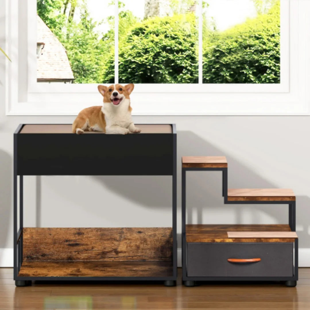 Multi-Level Dog Bunk Bed with Steps & Storage Drawer, Elevated Pet Window Perch & Lounge, Vintage Wood Grain Pet Stairs for Small Medium Dogs Cats, Anti-Slip Ramp