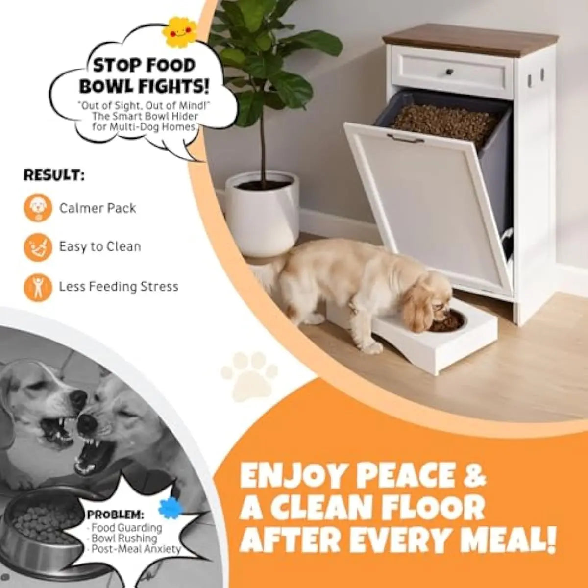 Pet Feeding Station with Tilt-Out 10 Gallon Waste Bin and Storage Drawer, Space Saving Dog Food Cabinet with Adjustable Shelves and Integrated Feeding Area for Cats Dogs