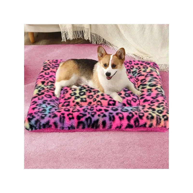 1pc Leopard Print Plush Pet Mat, Reversible Plush Pet Mat Ultra Soft Dog Cat Crate Mat Sleeping Cushion Pad Machine Washable
