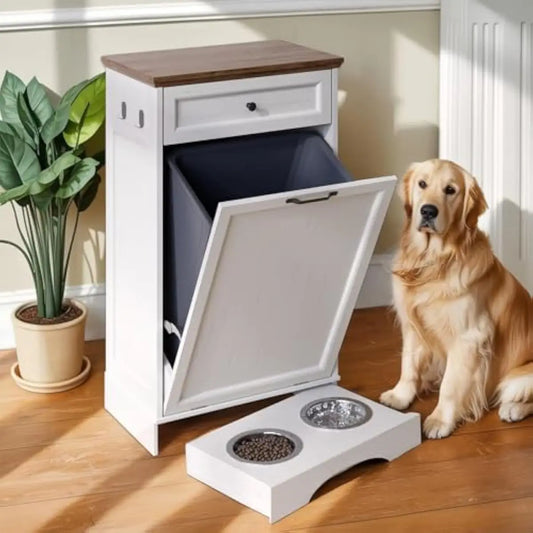Pet Feeding Station with Tilt-Out 10 Gallon Waste Bin and Storage Drawer, Space Saving Dog Food Cabinet with Adjustable Shelves and Integrated Feeding Area for Cats Dogs