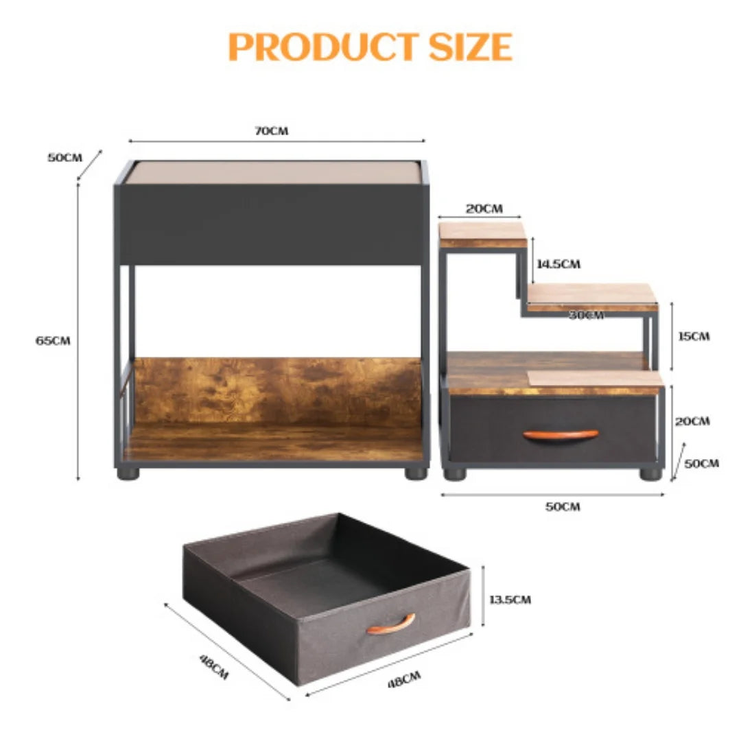 Multi-Level Dog Bunk Bed with Steps & Storage Drawer, Elevated Pet Window Perch & Lounge, Vintage Wood Grain Pet Stairs for Small Medium Dogs Cats, Anti-Slip Ramp