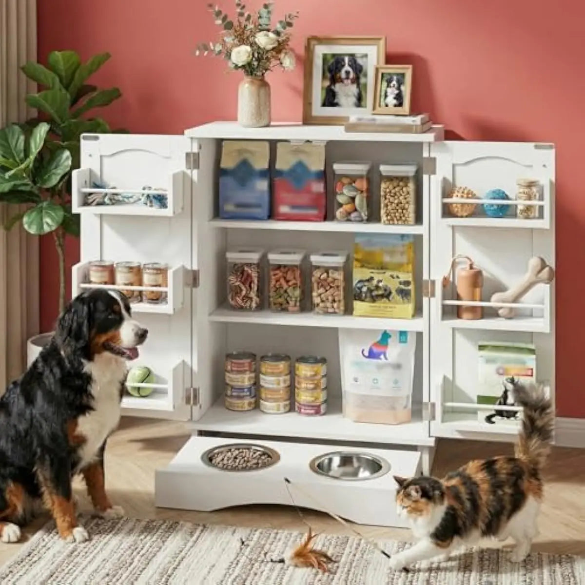 Pet Feeding Station with Pull-Out Tray and Adjustable Shelves, Dog Food Storage Cabinet with Wall-Mountable Hooks and Customizable Letter Decor for Cats Dogs