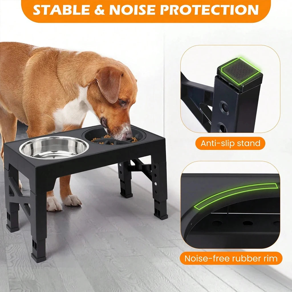 Adjustable Elevated Dog Feeder, 4‑Height Raised Dog Bowl Stand with Slow Feeder & Double Stainless Steel Food Water Bowls, Neck Joint Protection Ergonomic Pet Feeding Station for Small Medium Large Dogs