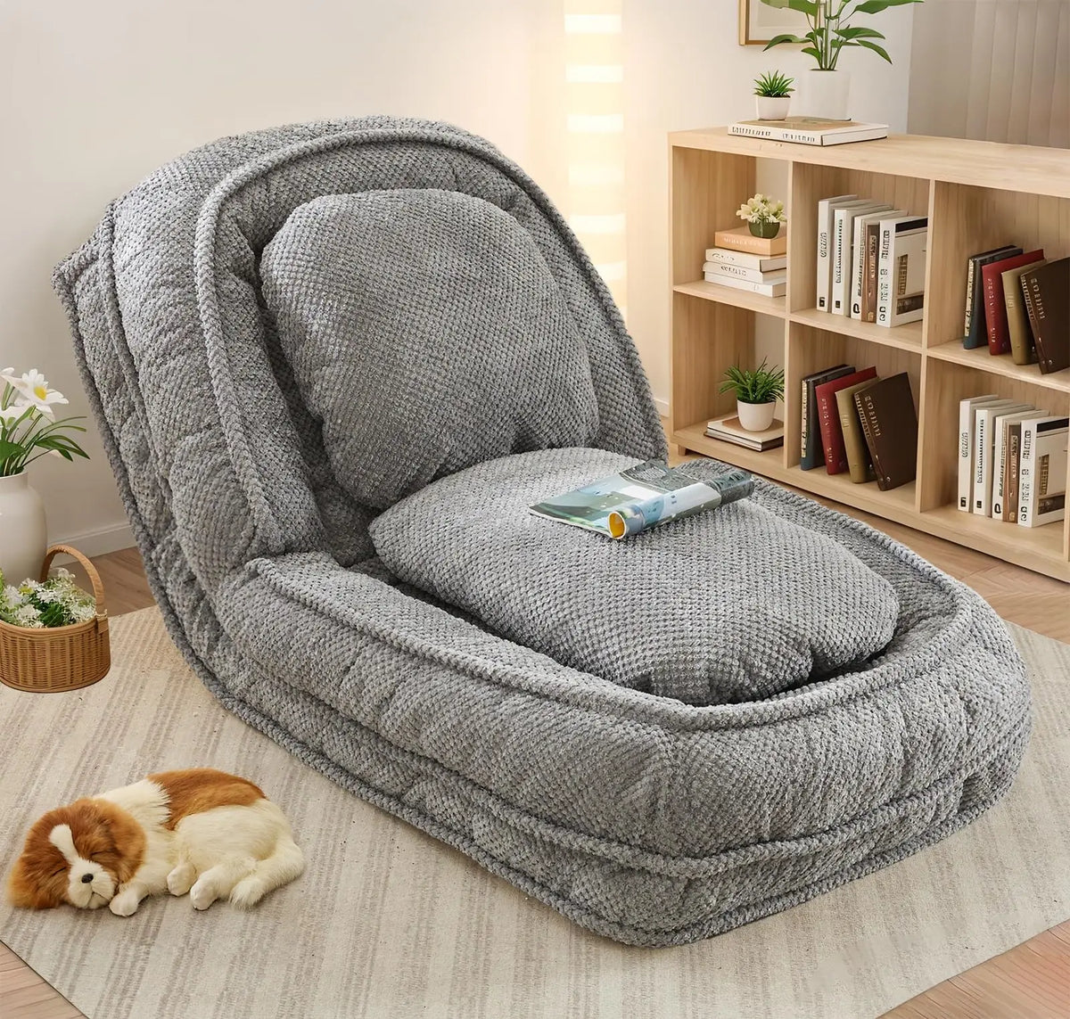 Upholstered Human Dog Bed, Convertible Lazy Sofa with 5-Position Adjustable Backrest, Tatami Bean Bag Lounge Chair & 2 Pillows for Bedroom Living Room Office